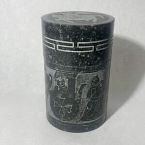 Vintage Hand Carved Green Marble Cigarette Cylinder Holder 4.5”